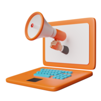 ordinateur portable orange avec des mains d'homme d'affaires tenant un mégaphone, haut-parleur à main isolé. achats en ligne, bannières de promotion de site Web, concept d'alerte en ligne, illustration 3d ou rendu 3d png