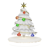 arbre de noël avec neige et ornements, affichage sur scène moderne et maquette minimaliste, concept noël et nouvel an festif, illustration 3d ou rendu 3d png