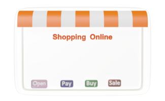 tablette avec devanture de magasin, achat, vente, étiquette de paiement isolée. concept d'achat en ligne, illustration 3d ou rendu 3d png