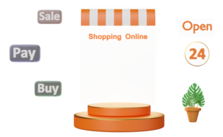 orange cylinder stage podium with shop store front isolated. open label tag display and minimalist mockup, abstract showcase concept, 3d illustration or 3d render png