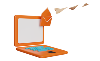 orange Laptop-Computer mit Umschlag, Papierflieger isoliert. Senden, Empfangen von E-Mail-Marketing-Konzept, 3D-Illustration oder 3D-Rendering png