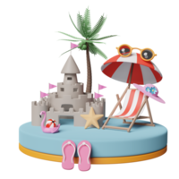 podium de scène avec château de sable, chaise de plage, lunettes de soleil, flamant rose gonflable, sandales, palmier, voyage d'été ou concept de vente d'été en ligne, illustration 3d ou rendu 3d png