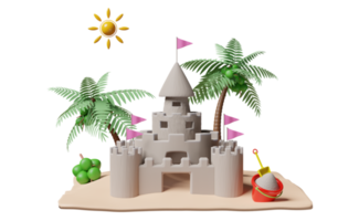 castelo de areia com torres, forte, portões e bandeiras, praia arenosa, palmeiras, coco, conceito de férias de viagem de verão, ilustração 3d ou renderização 3d png