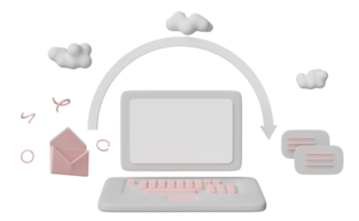 computador portátil cinza com envelope, nuvem, seta isolada. enviando, recebendo o conceito de marketing por e-mail, ilustração 3d ou renderização 3d png