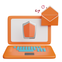 ordinateur portable orange avec bouclier, enveloppe isolée. sécurité internet ou protection de la vie privée ou concept de protection contre les rançongiciels, illustration 3d ou rendu 3d png