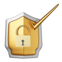 golden shield check with gold lock isolated. Internet security or privacy protection or ransomware protect concept, 3d illustration or 3d render png