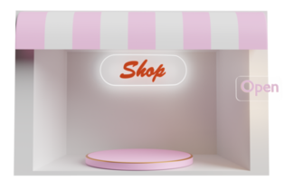 cylinder stage podium with shop store front isolated. open label tag, startup franchise business, display and minimalist mockup, abstract showcase concept, 3d illustration or 3d render png