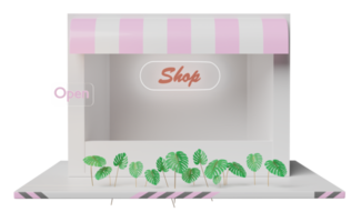 loja de frente de loja com folha monstera, etiqueta de etiqueta aberta isolada. conceito de negócio de franquia de inicialização, ilustração 3d ou renderização 3d png