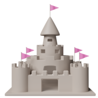 castelo de areia com torres, forte, portões e bandeiras isoladas. conceito de férias de verão, ilustração 3d ou renderização 3d png