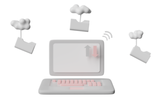 cloud folder icon with laptop computer, wifi isolated. cloud storage download, data transfering, datacenter connection network concept, 3d illustration or 3d render png