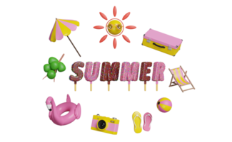 zomer reizen met koffer, strand stoel, paraplu, opblaasbaar flamingo, ijs room stokken, kokosnoot, zon, camera, sandalen geïsoleerd. concept, 3d illustratie of 3d geven png