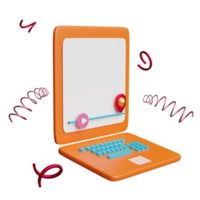 oranje laptop computer met Speel bar, pin geïsoleerd. online vernieuwend opleiding, e-learning concept, 3d illustratie of 3d geven png