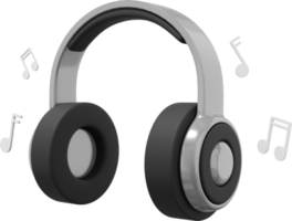 Wireless headphones and flying music notes side view. Gray PNG icon on a transparent background. 3D rendering.