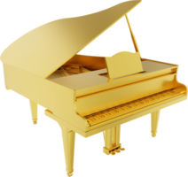 Grand piano gold metal, musical instrument. 3d rendering. PNG icon on transparent background.