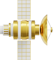 Satélite espacial con antena. estación de comunicación orbital inteligencia, investigación. representación 3d icono de png de oro metálico sobre fondo transparente.