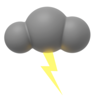 Gray cartoon cloud with lightning. 3D rendering. PNG icon on transparent background.