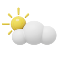 White cartoon cloud with sun. 3D rendering. PNG icon on transparent background.