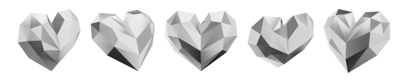 conjunto de corazones plateados de baja poli. vistas desde diferentes lados. representación 3d símbolo de amor, gustos, romance. icono png sobre fondo transparente.