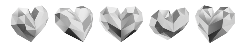 Set of silver  low poly hearts. Views from different sides. 3D rendering. Symbol of love, likes, romance. PNG icon on transparent background.