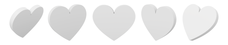 Set of white flat hearts. Views from different sides. 3D rendering. Symbol of love, likes, romance. PNG icon on transparent background.