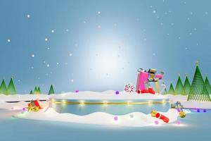 3d festive illustration happy new year and merry christmas Blue podium with gift box decoration and stars, glow lights, snow, golden ball on blue background. photo