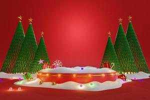 3d ilustración maqueta de escena de fondo rojo de elegante podio de navidad y feliz año nuevo para exhibir productos cosméticos podio o escenario celebración de vacaciones de invierno árbol de navidad regalo de nieve oro foto