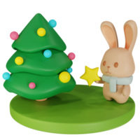 lapin et arbre de noël illustration 3d png