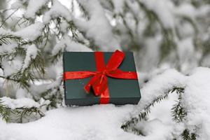 Gift in green box with red ribbon on snowy spruce tree in winter forest Christmas background and New Year holidays photo