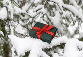 Gift in green box with red ribbon on snowy spruce tree in winter forest Christmas background and New Year holidays photo