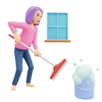 Woman cleaning house 3D character illustration png