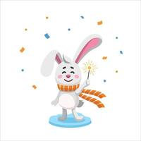 Year of rabbit zodiac. Hare with sparkler and confetti, chinese new year postcard. Symbol of lunar new year. Vector cartoon rabbit. Character, mascot, symbol, sign of Chinese New year.