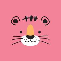 Cute simple animal portrait of tiger for designing baby clothes. Hand drawn kids illustration - Tiger face. Vector illustration in doodle style on pink background