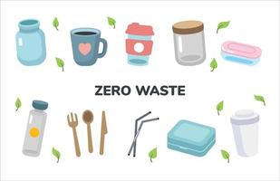 Set of eco friendly tableware items - glass jar, reusable coffee cup, wooden cutlery, lunch box. Zero waste concept. Vector illustration in cartoon style