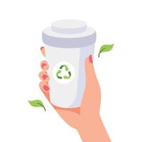 Woman's hand holding a paper cup with a recycling sign and leaves. Sustainable lifestyle, zero waste, ecological concept. Vector illustration in cartoon style