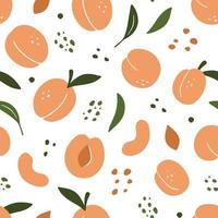 Seamless pattern with Peaches and leaves. Hand drawn vector food illustration in doodle sketch style. Apricot texture for wrapping paper, fabric, textile.