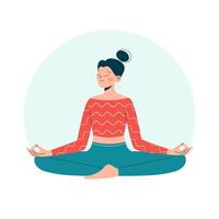 mujer en pose de meditación aislada sobre fondo redondeado. ilustración conceptual para yoga, meditación, relajación, recreación y estilo de vida saludable. vector plano