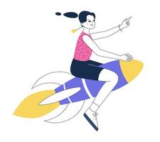 Woman flies on the rocket and shows the upward direction. The concept of growth, learning, moving forward, or self-development. Modern outline vector illustration.