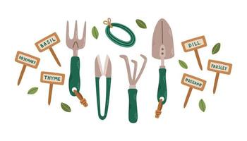 Set of gardening tools isolated on white. Bundle of equipment for home plants. Flat cartoon vector illustration.