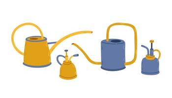 Set of watering cans and sprayers isolated on white, gold and blue color, gardening tools, home garden equipment, vector
