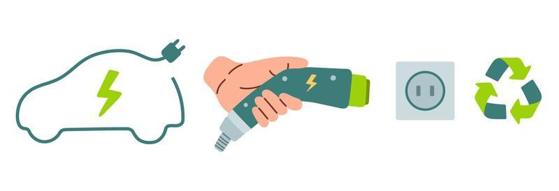 Hand holding power connector for refuel, electric car with plug symbol, EV car, green hybrid vehicle charging point logo
