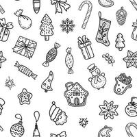 seamless pattern of linear Xmas icons on white background vector