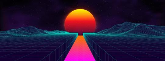 80s background retro landscape. Futuristic neon 1980s style. Cyber surface. Party background. Retro 80s fashion Sci-Fi Summer Landscape Background. vector