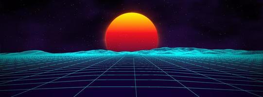 Paisaje retro de fondo de los años 80. estilo futurista de neón de los años 80. superficie cibernética. fondo de fiesta Fondo de paisaje de verano de ciencia ficción de moda retro de los años 80. vector