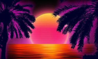 puesta de sol 3d en la playa. palmeras retro vector fondo de ciencia ficción con océano. reflejo del sol en el agua. paisaje futurista estilo años 80. superficie cibernética del paisaje digital. Fondo de fiesta de los 80.