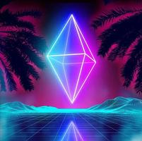 Neon rhombus on retro background landscape. Glowing rhombus cosmos poster. Neon light box cube light. Future purple 80s sci-fi poster. vector