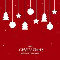 Red christmas greeting card with Various Hanging Christmas Ornaments. Vector Illustration