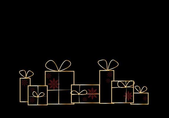Christmas golden present box made from golden with red snowflakes on black background.Vector illustration