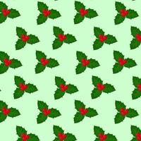 Seamless Christmas holly pattern on green background.Vector pattern of holly for festive designs,textiles,packaging,screensavers.Vector illustration in flat style vector