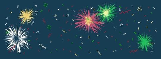 Bright fireworks and sparkles of confetti are served in the sky. Festive greeting background, template, banner. Carnival lights, night sky. Vector