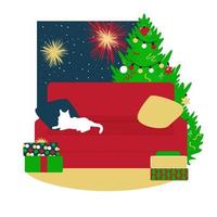 Decorated living room for christmas holidays. Red sofa, tree, gift boxes. White Cat on armchair. Firecrackers and snow in night window. Xmas home apartment background.